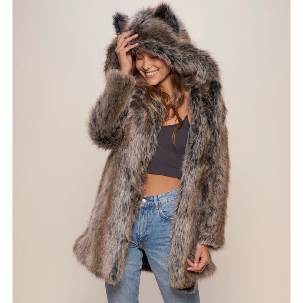 Spirit Hood Grey Brown Wolf Classic Faux Fur Coat